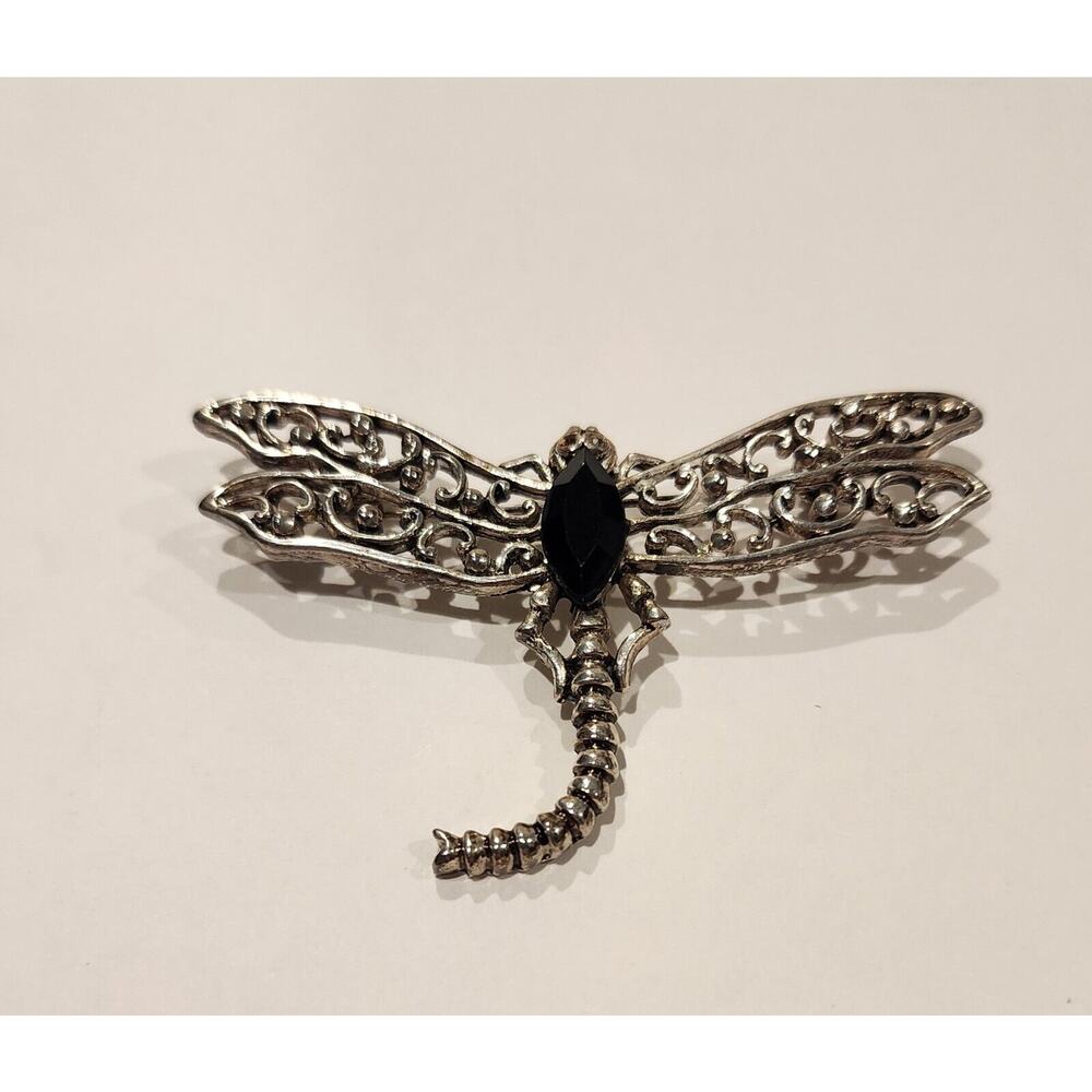 Vintage‎ 90's Artisan Silver Dragonfly Faux Onyx Large Brooch Pin unmarked